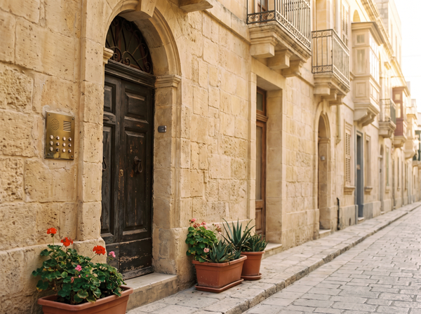 Maltese apartment building entrance with several front doors