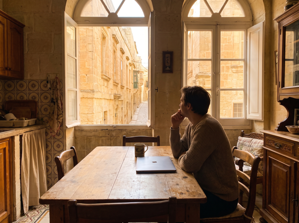 Person reviewing photos on a laptop in a bright Maltese apartment