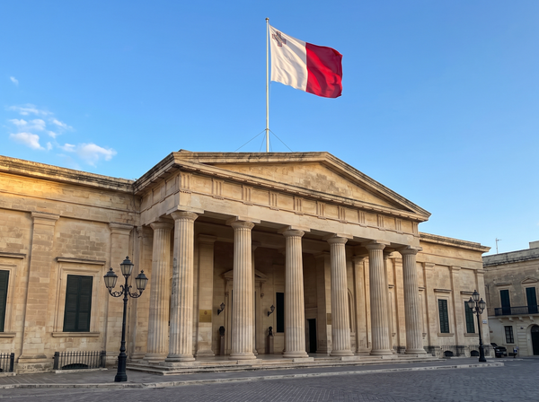 Maltese government building facade with limestone columns