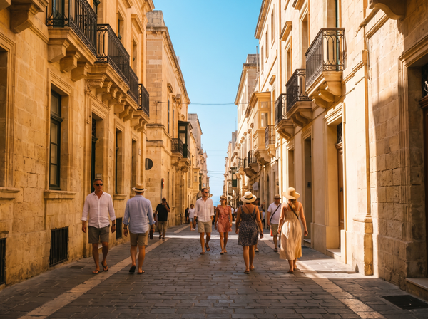 Sunny Maltese street in summer with tourists walking past limestone buildings
