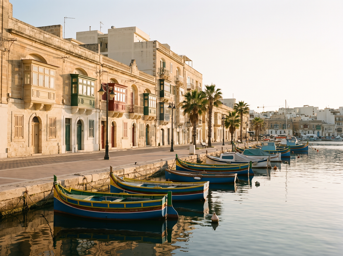 Quiet waterfront street in Gzira with apartment buildings and boats