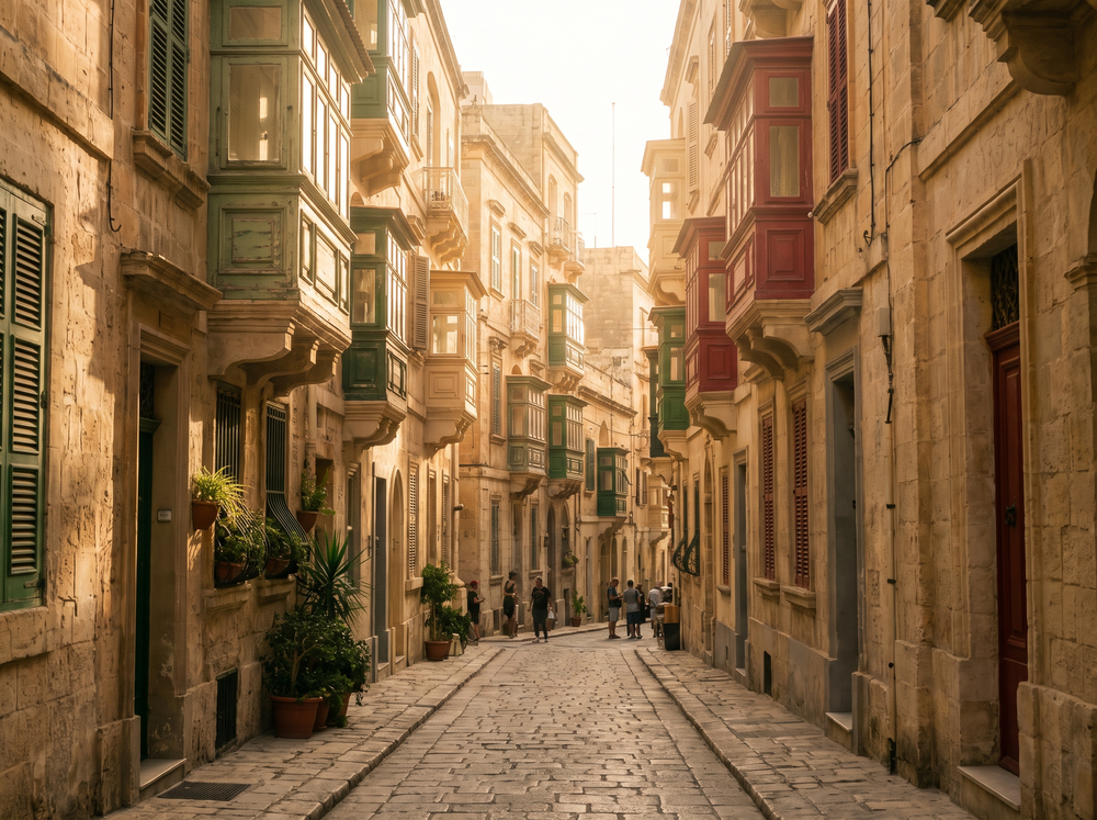 Narrow historic street in Valletta with limestone buildings and balconies