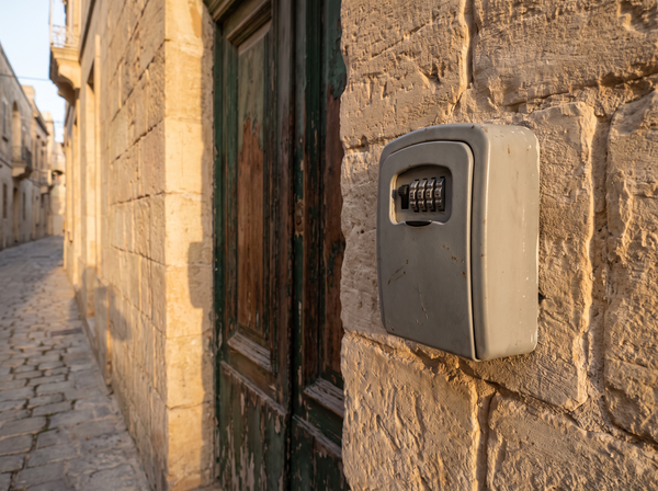 Small keybox mounted beside a wooden front door in a narrow Maltese street