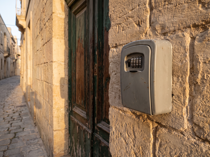 Small keybox mounted beside a wooden front door in a narrow Maltese street