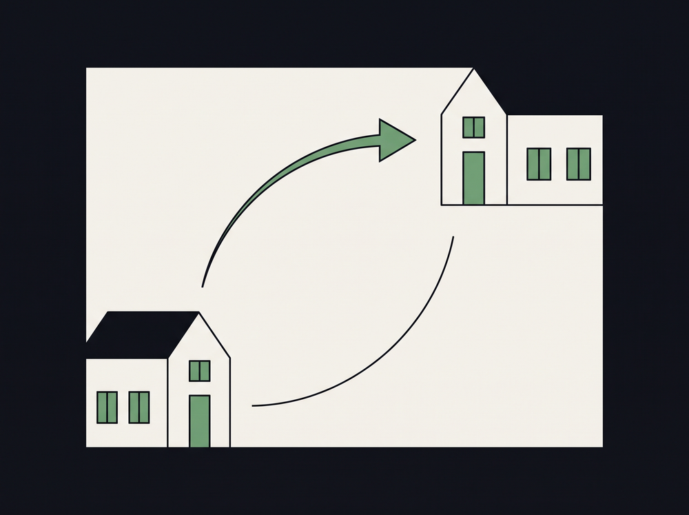 Flat illustration of two identical house shapes connected by a curved green arrow