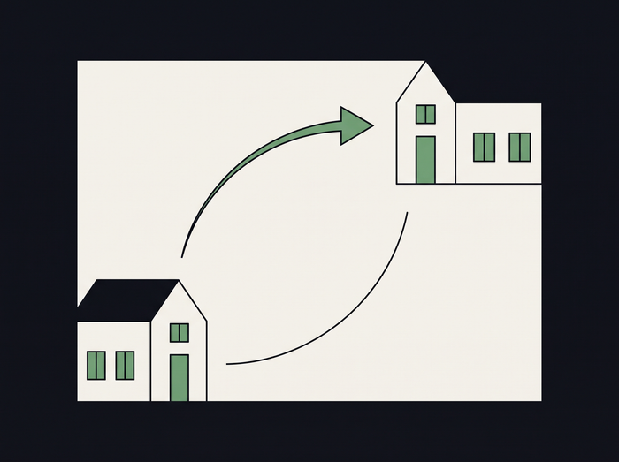 Flat illustration of two identical house shapes connected by a curved green arrow
