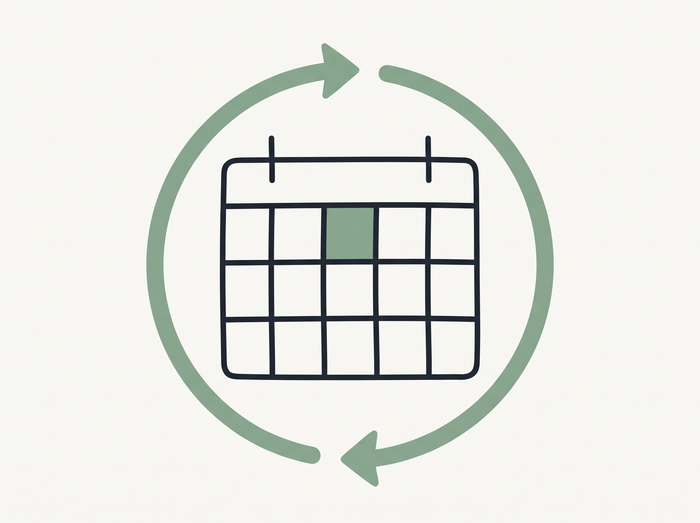 Flat illustration of a calendar with a green sync arrow icon