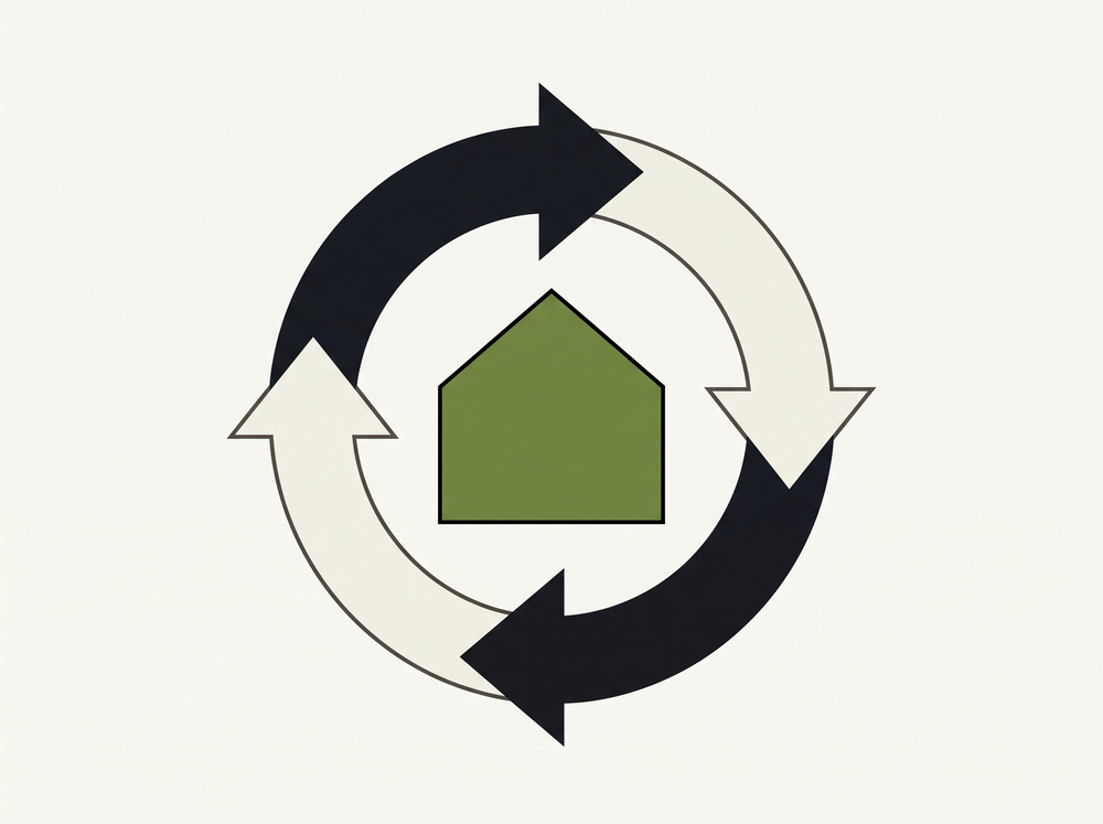 Flat illustration of two overlapping arrows around a small house shape, representing a changeover