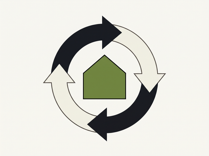 Flat illustration of two overlapping arrows around a small house shape, representing a changeover