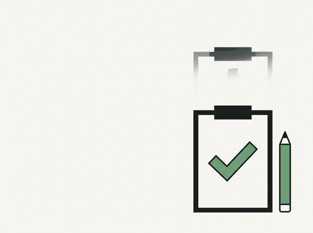 Flat illustration of a clipboard with a green checkmark and a pencil beside it