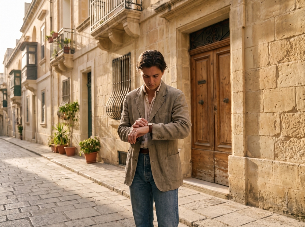 Person checking a wristwatch while standing outside a Maltese apartment door