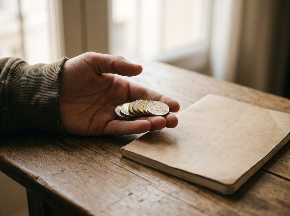 Cleaner's hand holding euro coins and a small notebook