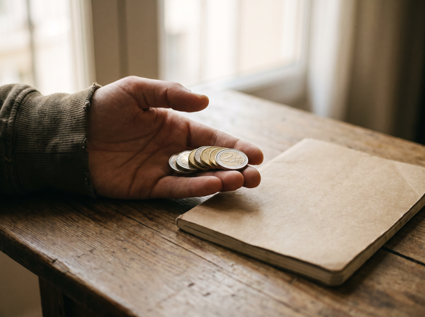 Cleaner's hand holding euro coins and a small notebook