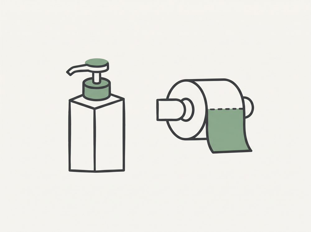Flat illustration of a soap bottle and toilet roll icon