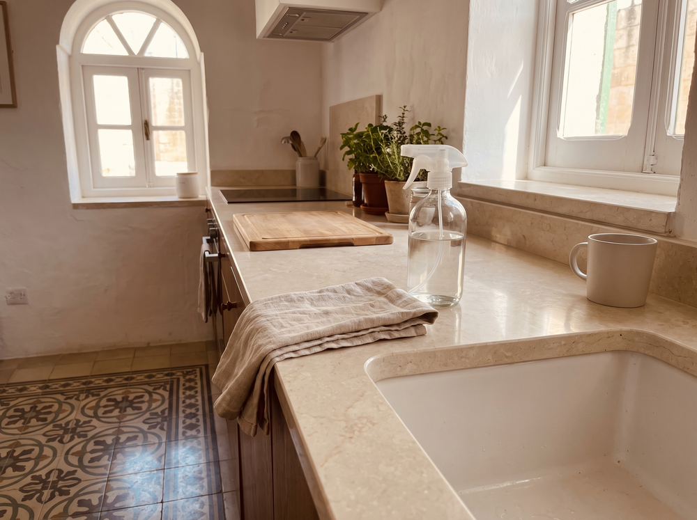 Tidy Maltese apartment kitchen counter with cleaning supplies