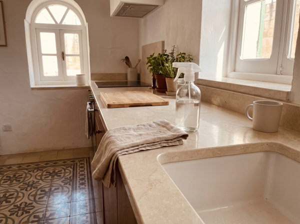 Tidy Maltese apartment kitchen counter with cleaning supplies