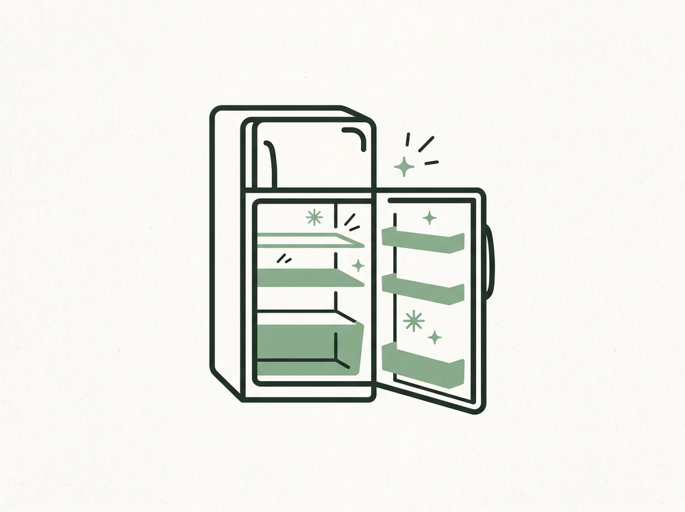 Flat illustration of a fridge interior with sparkle accent