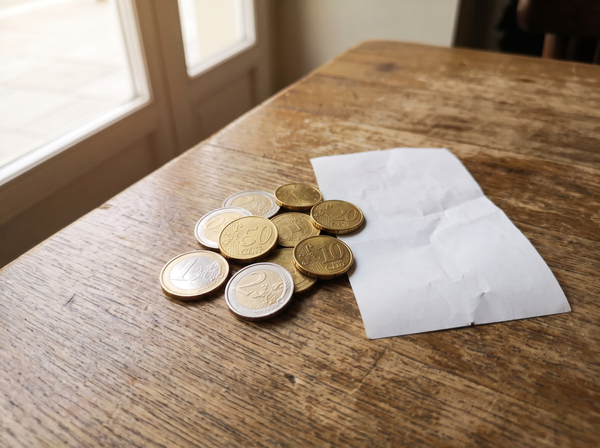 Coins and a small receipt on a wooden table