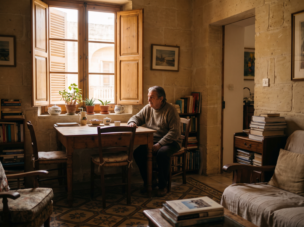 Person sitting thoughtfully at a table in a bright Maltese apartment