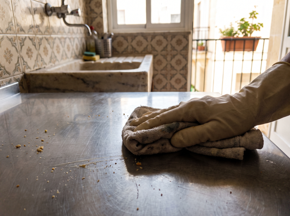 Cleaner in rubber gloves wiping down a marble kitchen counter with a cloth in a Maltese apartment
