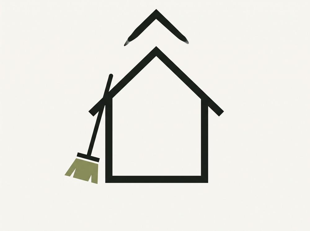 Flat illustration of a house outline with a small broom icon