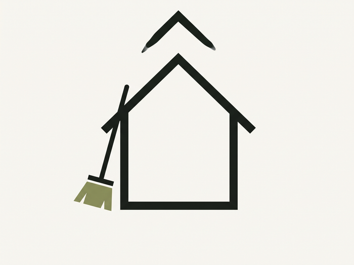 Flat illustration of a house outline with a small broom icon