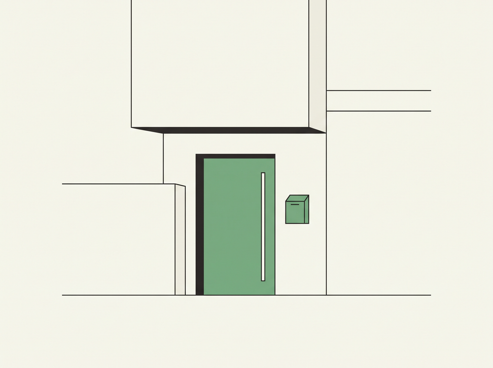 Flat illustration of a green front door with a small keybox mounted beside it