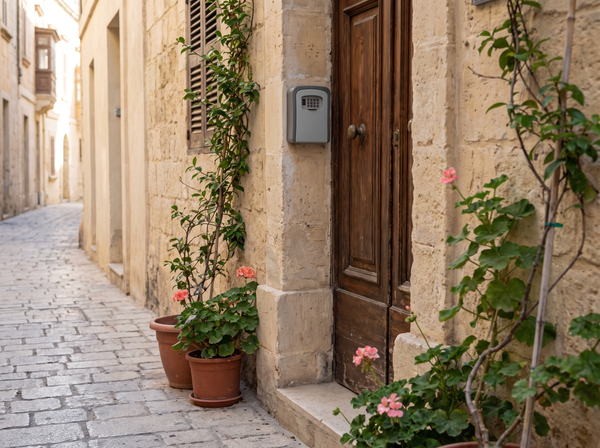 Small keybox mounted beside a wooden front door in a narrow Maltese street