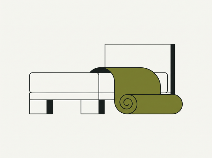 Flat illustration of a bed with a rolled green sheet beside it