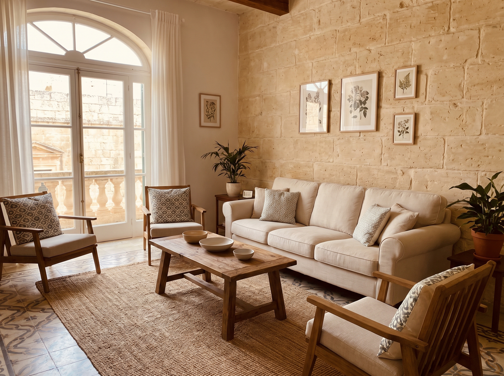 Tidy Maltese apartment living room ready for the next guest