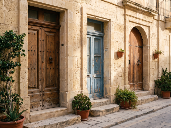 Three Maltese apartment front doors in a row on the same street