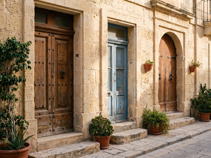 Three Maltese apartment front doors in a row on the same street