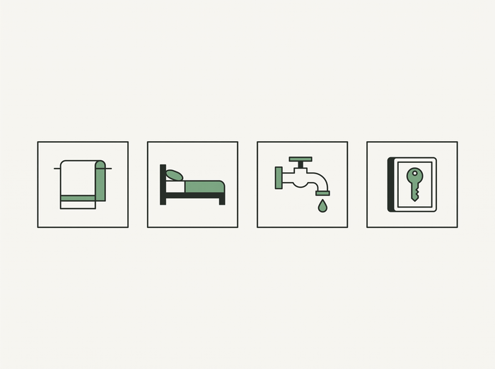 Flat illustration of four small square photo frames showing towel, bed, tap and keybox motifs