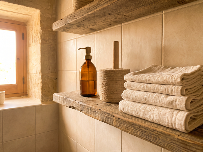 Bathroom shelf with soap, toilet roll and folded towels in a Maltese apartment
