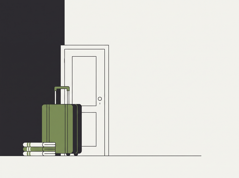 Flat illustration of a suitcase by a front door next to a small stack of folded towels