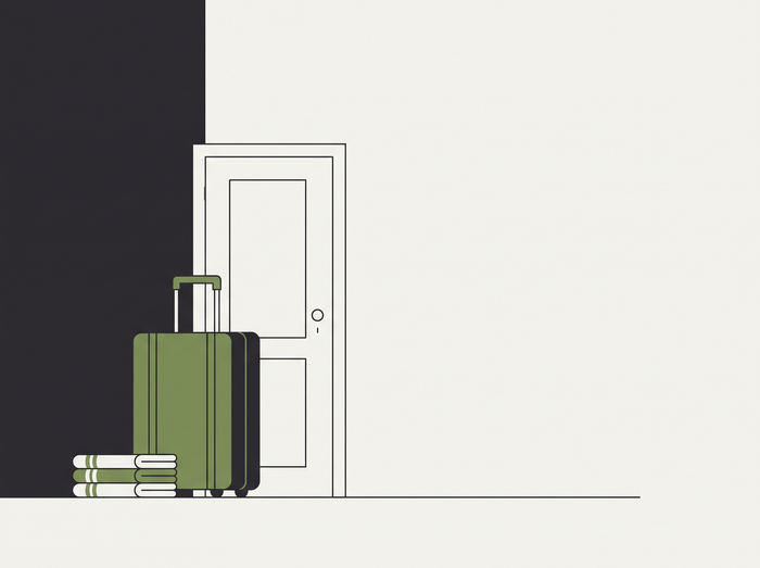Flat illustration of a suitcase by a front door next to a small stack of folded towels