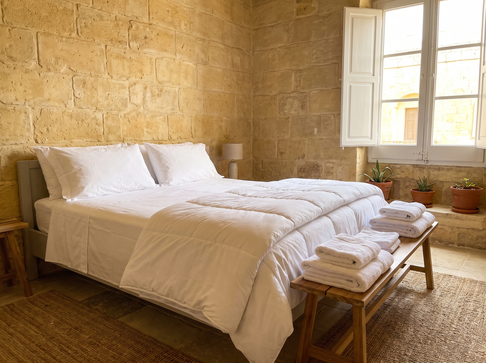 Made bed and folded towels in a bright Maltese apartment bedroom