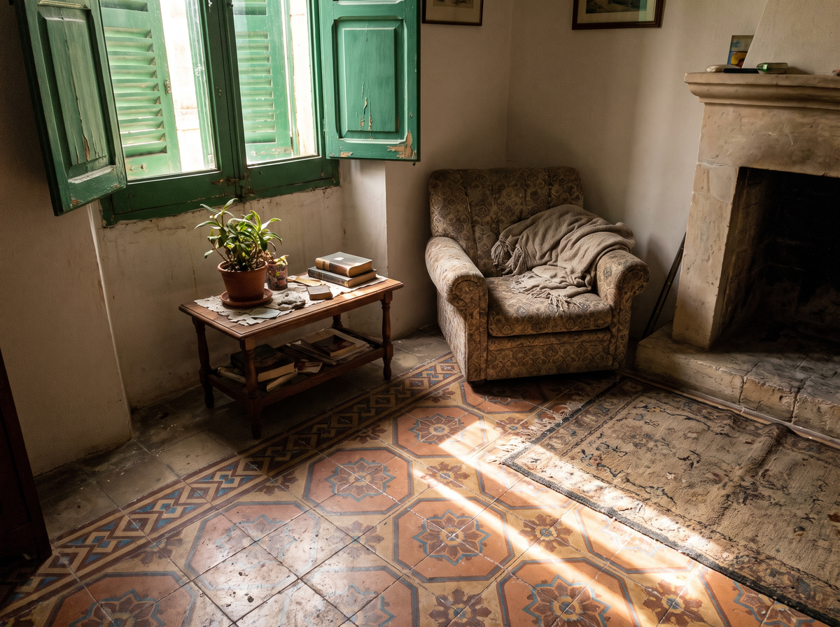 Tidy Maltese living room with open wooden shutters, ready for the next guests after a turnover clean